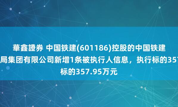 華鑫證券 中国铁建(601186)控股的中国铁建大桥工程局集团有限公司新增1条被执行人信息，执行标的357.95万元